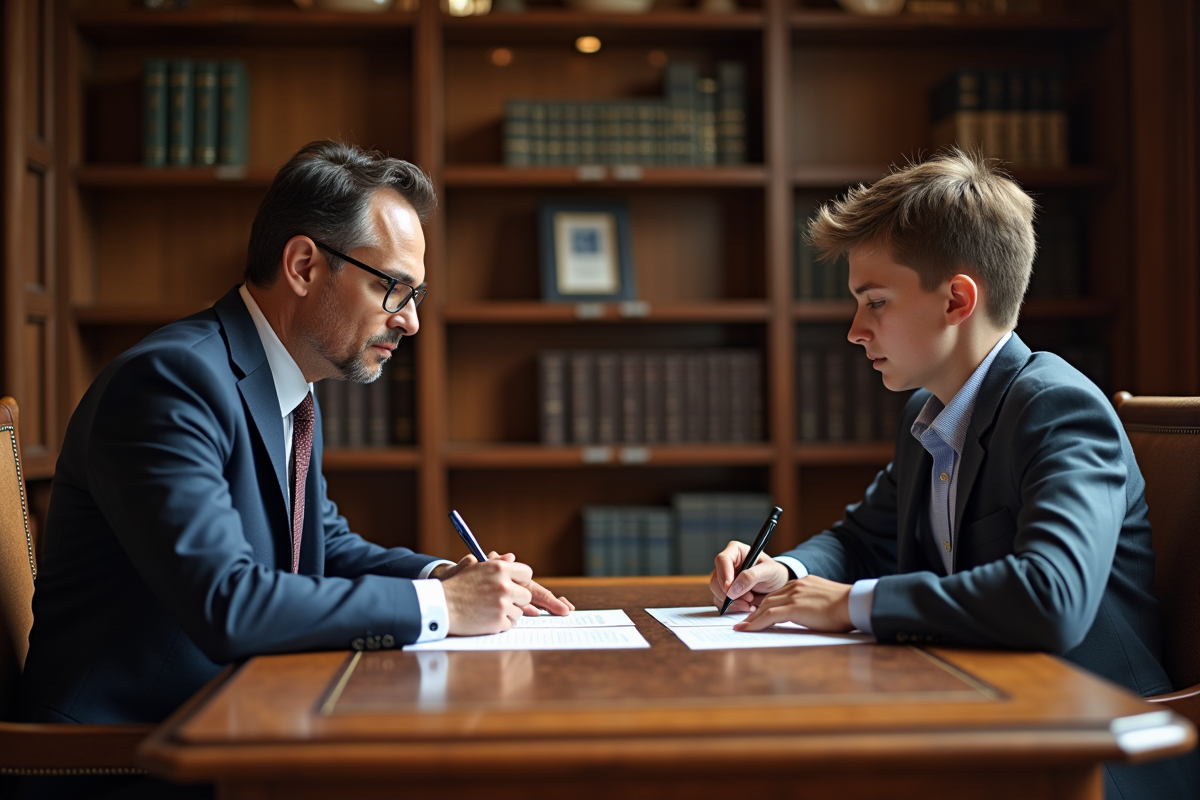 Deux hommes signant des documents dans un bureau français
