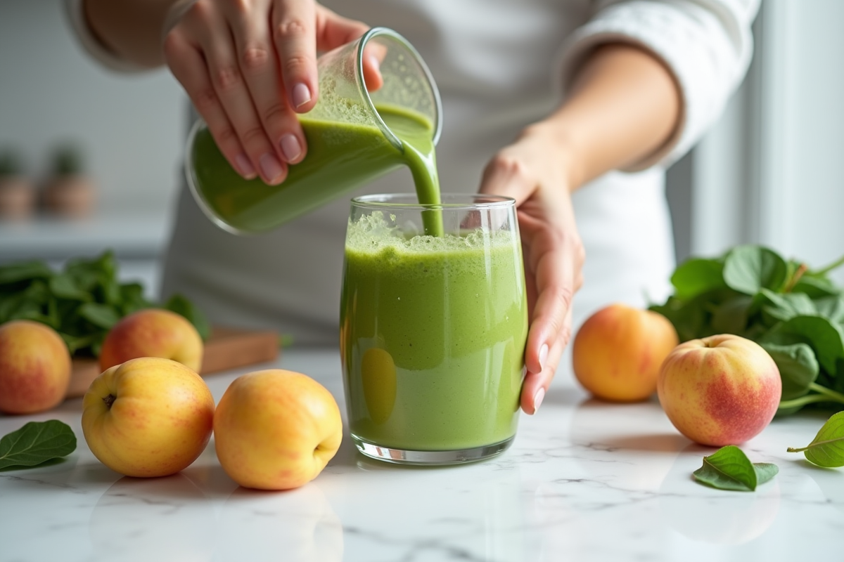 Main versant un smoothie vert aux nectarines