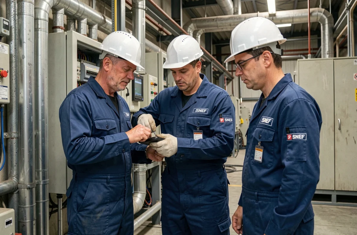 Équipe d'électriciens SNEF travaillant sur une armoire électrique industrielle près d'Argenteuil