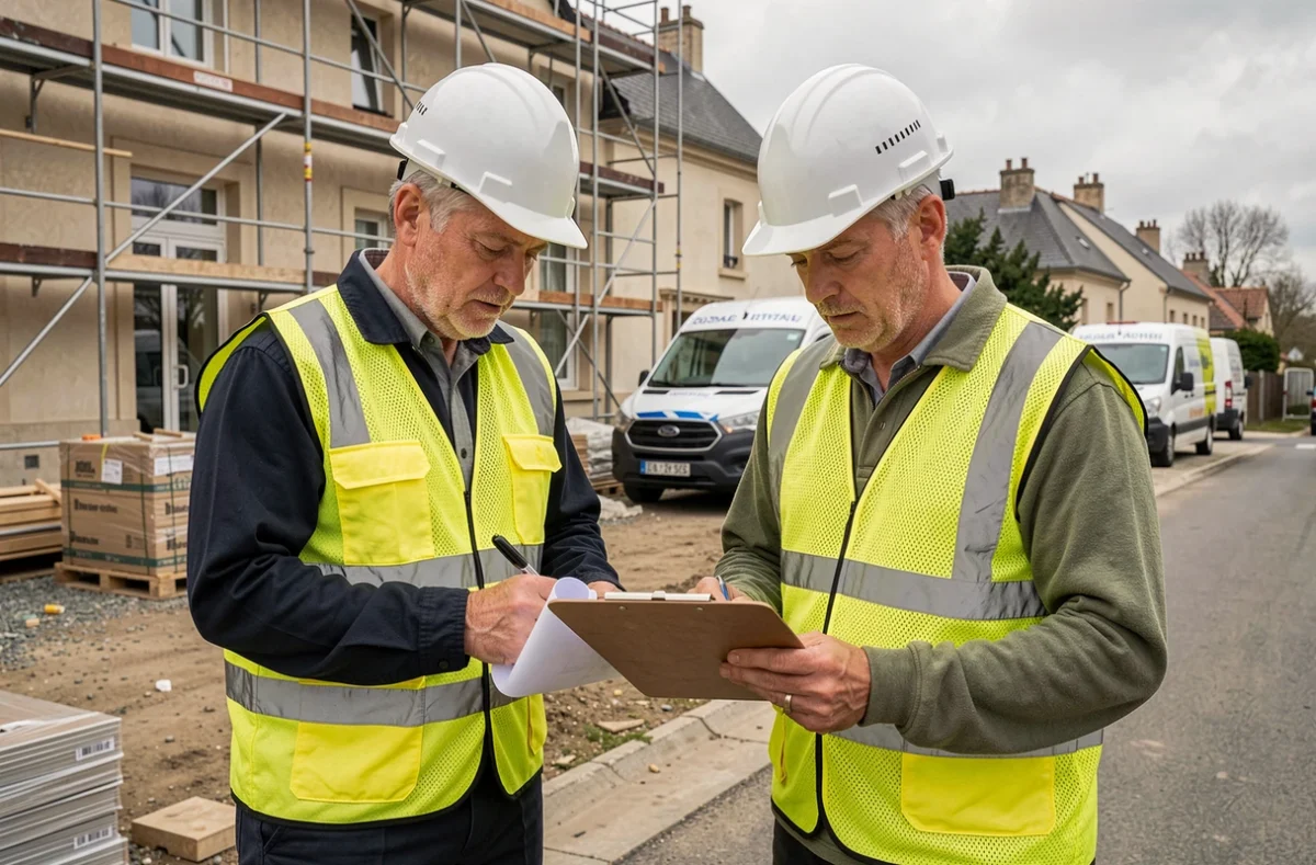 Équipe de la Société Nationale du Bâtiment supervisant un chantier de rénovation électrique en banlieue parisienne