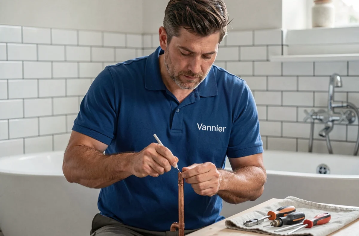 Technicien de la Société Vannier Benoit effectuant une soudure sur une canalisation en cuivre dans une salle de bain moderne