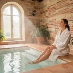 Femme en robe blanche se relaxant au bord d'un bassin privatif dans un spa intimiste à Toulouse aux murs en pierre
