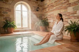 Femme en robe blanche se relaxant au bord d'un bassin privatif dans un spa intimiste à Toulouse aux murs en pierre