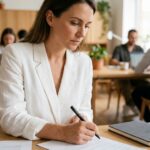 Femme professionnelle tenant un stylo personnalisé avec logo d'entreprise dans un bureau moderne
