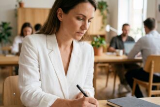 Femme professionnelle tenant un stylo personnalisé avec logo d'entreprise dans un bureau moderne