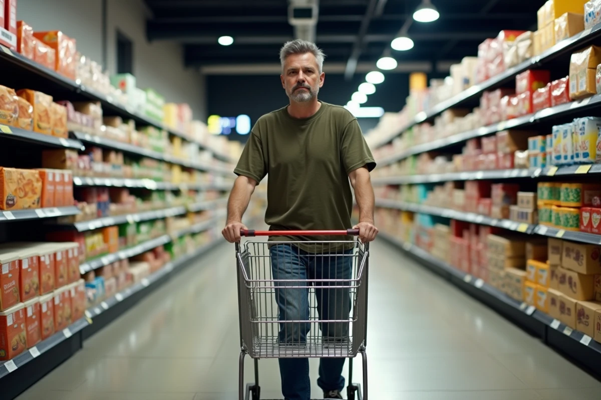 Homme faisant ses courses dans un supermarché ouvert tard le soir dans les environs de Montpellier