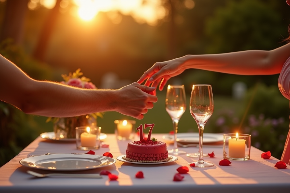 Table élégante dans un jardin avec gâteau et mains qui se touchent