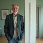 Homme grand et souriant en blazer décontracté debout près d'un mètre ruban sur un mur blanc, illustrant la taille de Vincent Lagaf