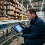 Technicien de maintenance consultant une tablette numérique pour diagnostiquer une panne sur un convoyeur industriel dans un entrepôt logistique