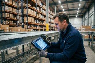 Technicien de maintenance consultant une tablette numérique pour diagnostiquer une panne sur un convoyeur industriel dans un entrepôt logistique