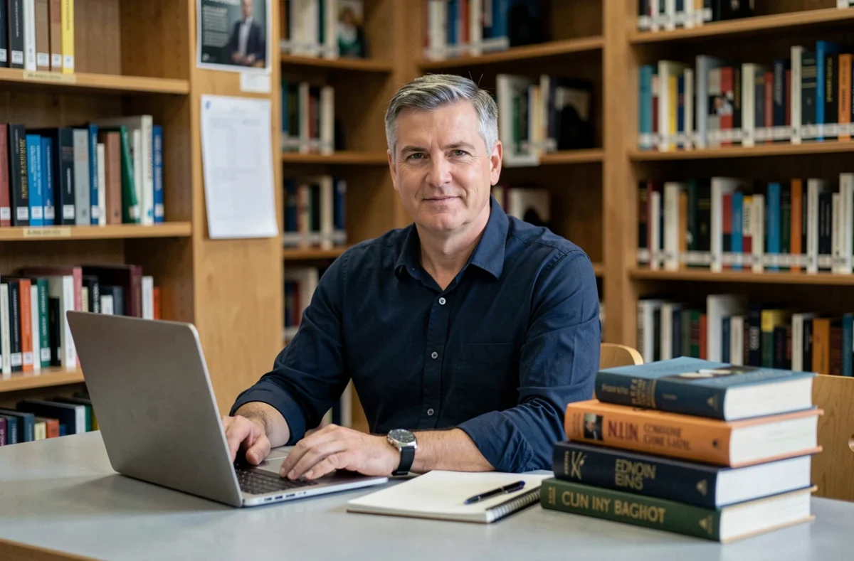 Homme consultant un site de téléchargement d'ebooks légalement dans une bibliothèque publique