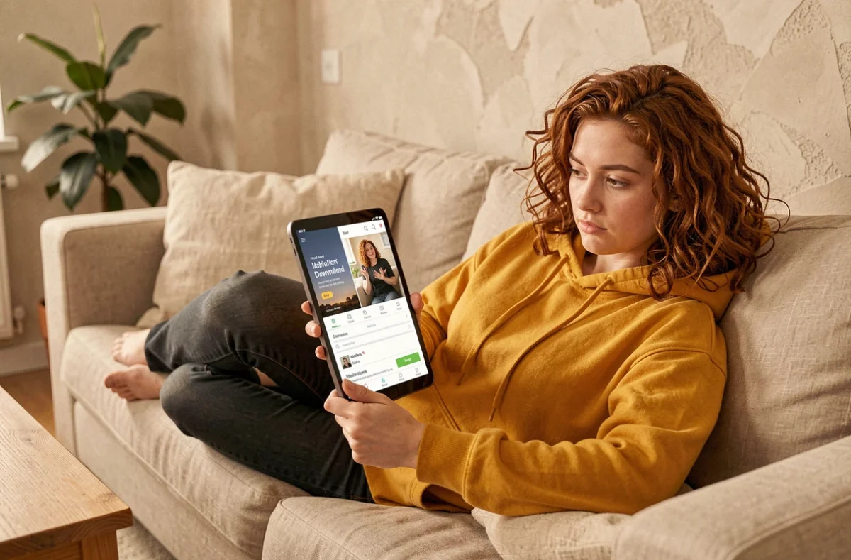 Jeune femme téléchargeant un ebook en sécurité sur une tablette depuis son canapé à la maison
