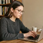 Femme téléchargeant un ebook en toute sécurité sur son ordinateur portable depuis un bureau à domicile