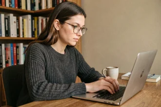 Femme téléchargeant un ebook en toute sécurité sur son ordinateur portable depuis un bureau à domicile