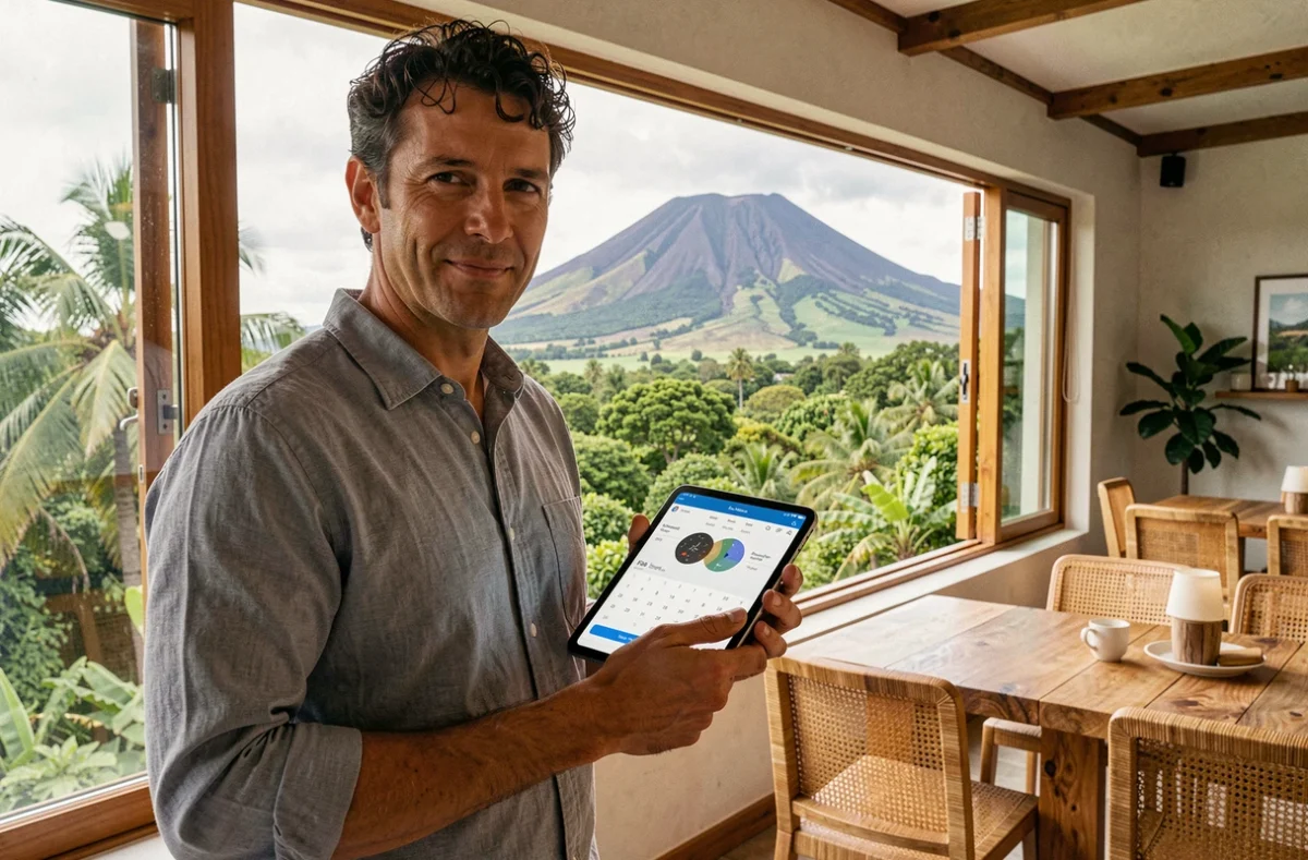 Professionnel en télétravail depuis La Réunion planifiant une réunion en ligne avec décalage horaire sur tablette