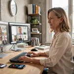 Femme professionnelle en télétravail lors d'une visioconférence avec des horloges affichant différents fuseaux horaires dont La Réunion