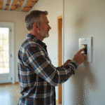 Homme inspectant un thermostat moderne dans une maison