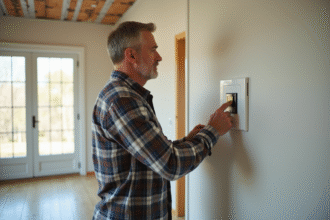 Homme inspectant un thermostat moderne dans une maison