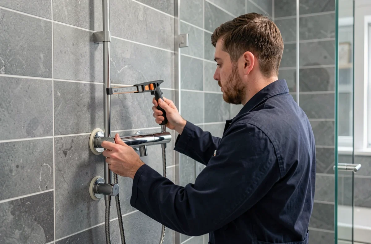 Thibault Fonteny posant une colonne de douche thermostatique dans une salle de bain rénovée aux grands carreaux gris