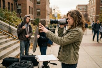 Étudiante en cinéma dirigeant un tournage pédagogique en extérieur sur un campus universitaire
