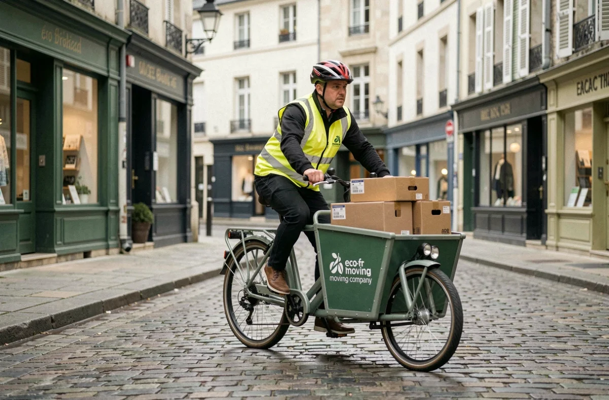 Livreur à vélo cargo transportant des cartons pour un déménagement écologique en ville