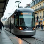 Tram de Nantes à l'arrêt en heure de pointe du matin avec des voyageurs attendant sur le quai