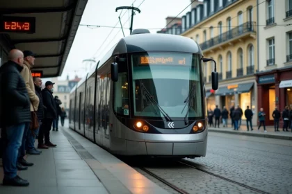 Tram de Nantes à l'arrêt en heure de pointe du matin avec des voyageurs attendant sur le quai
