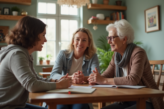 Trois générations de femmes réunies à table en famille