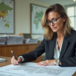 Urbaniste femme en réunion avec plans architecturaux