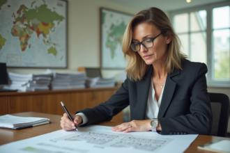 Urbaniste femme en réunion avec plans architecturaux