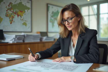 Urbaniste femme en réunion avec plans architecturaux