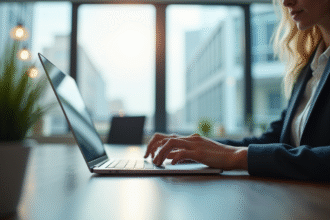 Personne utilisant une interface webmail moderne sur un ordinateur portable dans un bureau lumineux