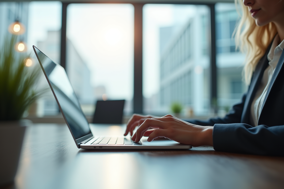 Personne utilisant une interface webmail moderne sur un ordinateur portable dans un bureau lumineux