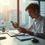 Jeune professionnel utilisant une application de sécurité sur smartphone
