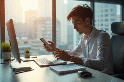 Jeune professionnel utilisant une application de sécurité sur smartphone