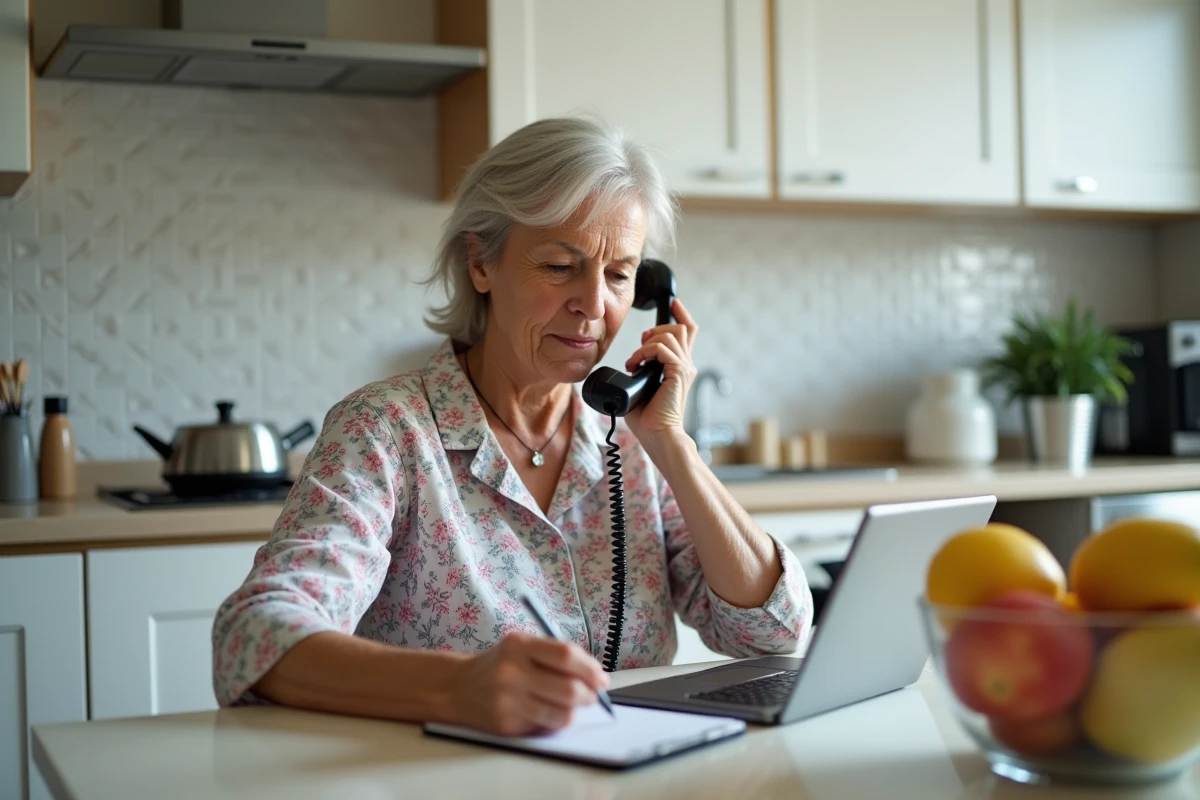 Femme mature vérifiant un numéro de téléphone inconnu à l'aide d'une tablette et d'un carnet dans une cuisine