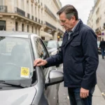 Homme collant une vignette Crit'Air sur le pare-brise de sa voiture dans une rue parisienne