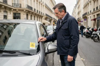 Homme collant une vignette Crit'Air sur le pare-brise de sa voiture dans une rue parisienne