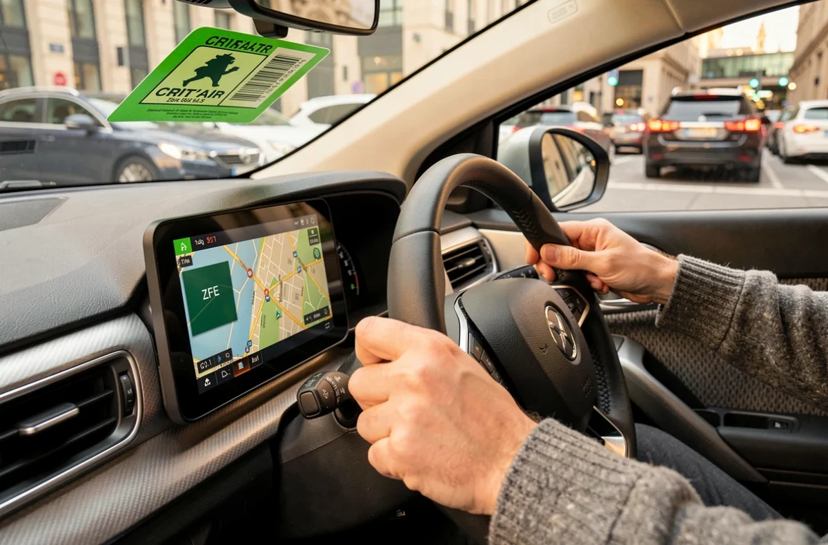Vignette Crit'Air verte collée sur le pare-brise d'une voiture avec carte ZFE sur GPS
