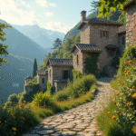Village en pierre ancien sur une colline ensoleillee