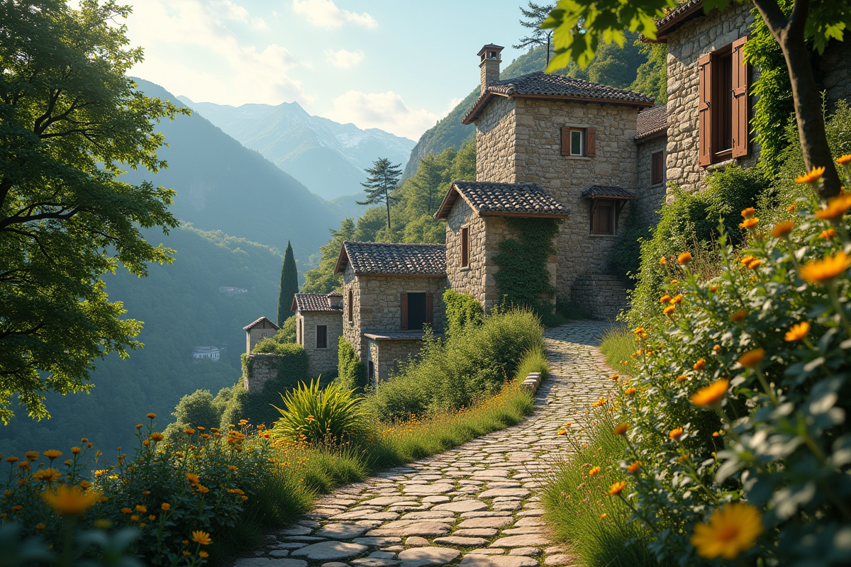 Village en pierre ancien sur une colline ensoleillee