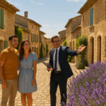 Rue provençale avec maisons en pierre et lavande en avant
