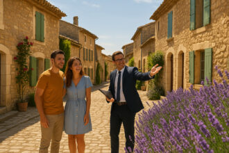 Rue provençale avec maisons en pierre et lavande en avant