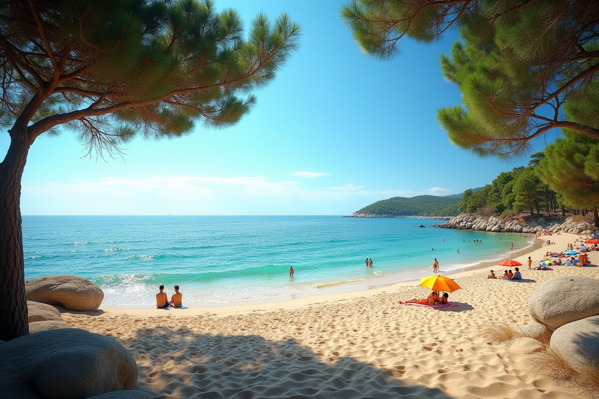 Vue panoramique de la plage d Agay avec mer turquoise et familles relaxant